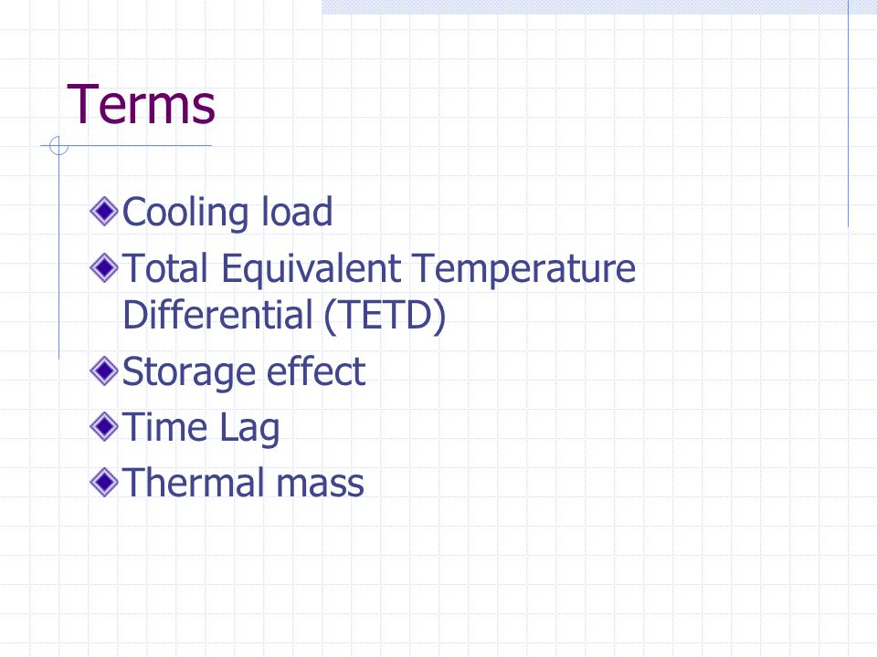 Terms Cooling load Total Equivalent Temperature Differential (TETD)
