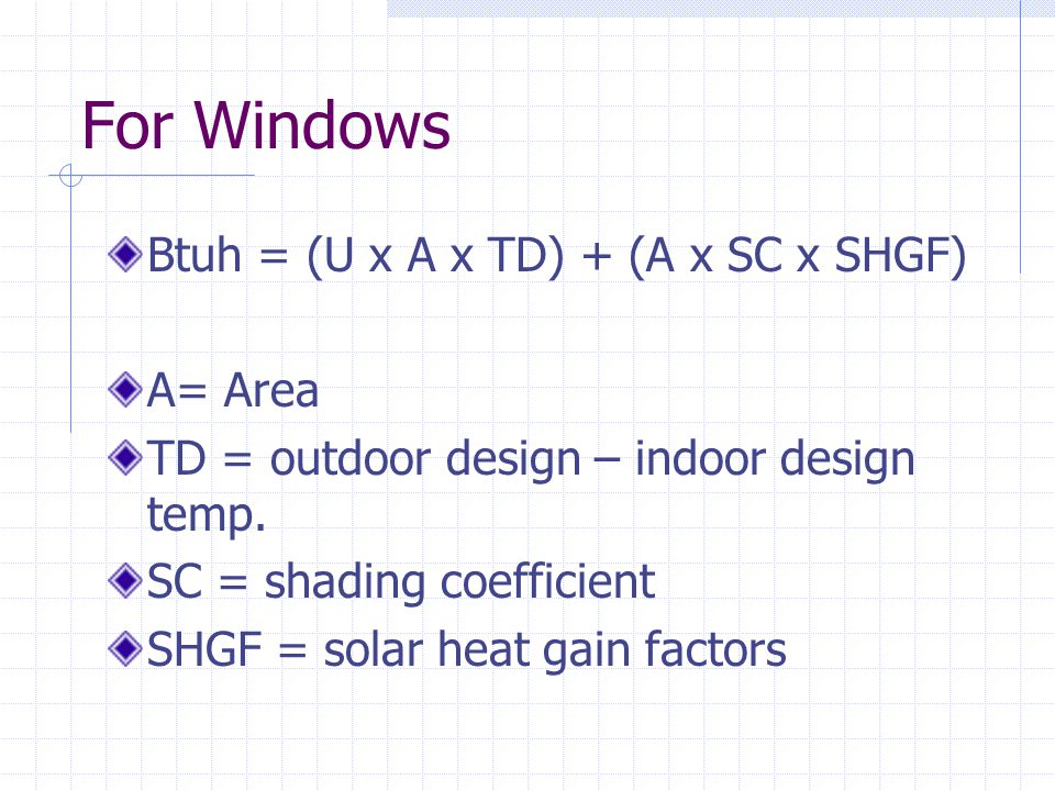 For Windows Btuh = (U x A x TD) + (A x SC x SHGF) A= Area