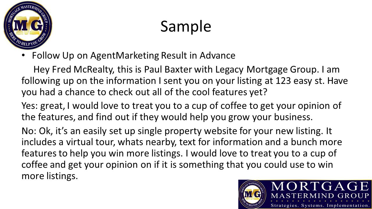 Sample Follow Up on AgentMarketing Result in Advance