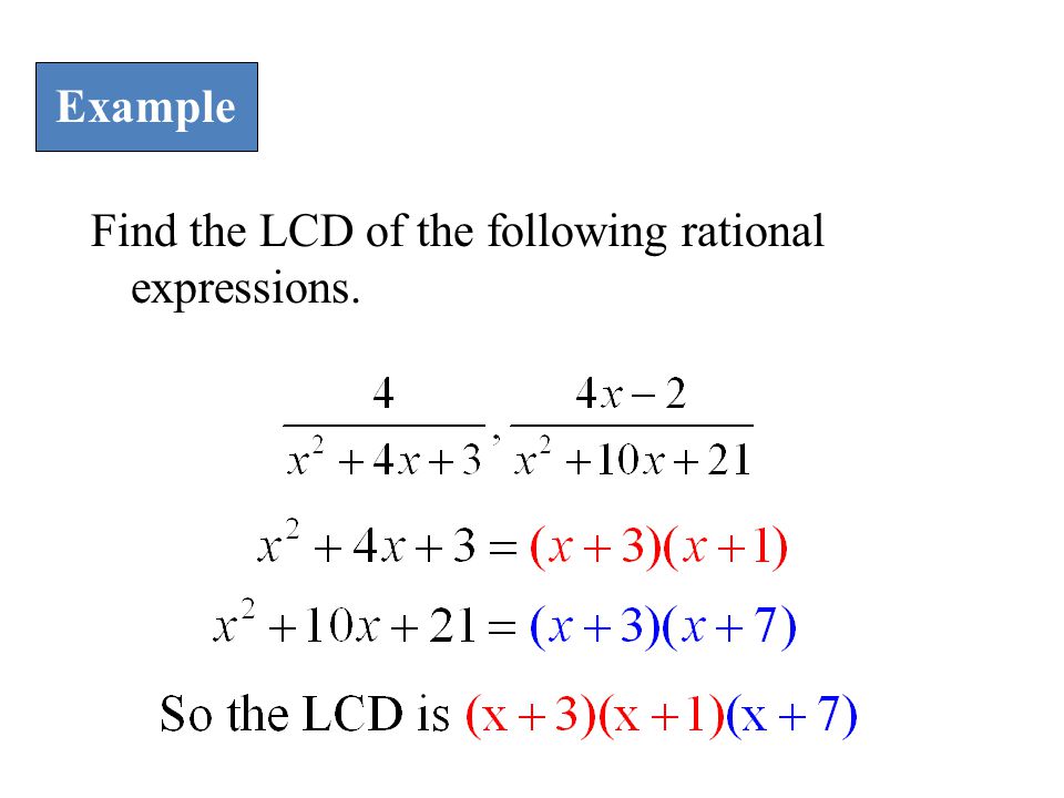 Example Find the LCD of the following rational expressions.