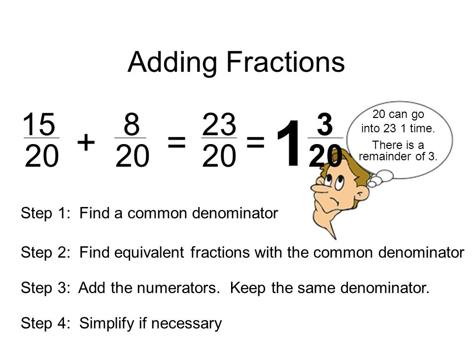 Adding Fractions can go. into 23 1 time. + = = There is a remainder of 3.