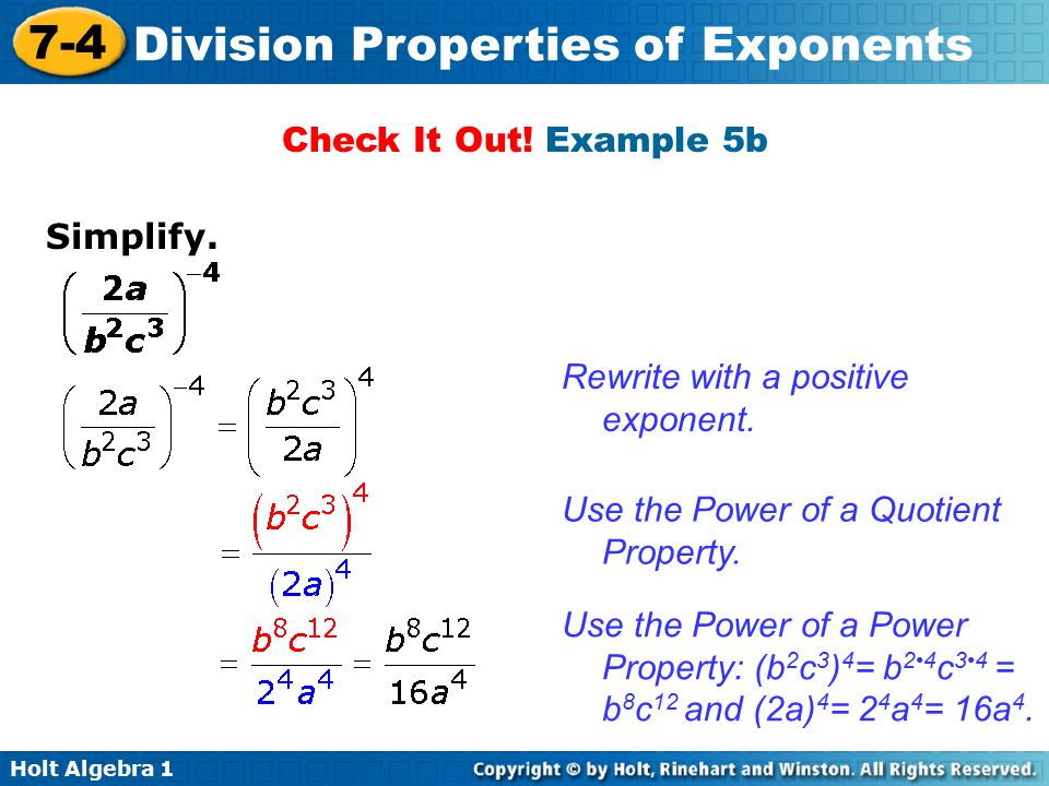 Check It Out! Example 5b Simplify. Rewrite with a positive exponent. Use the Power of a Quotient Property.