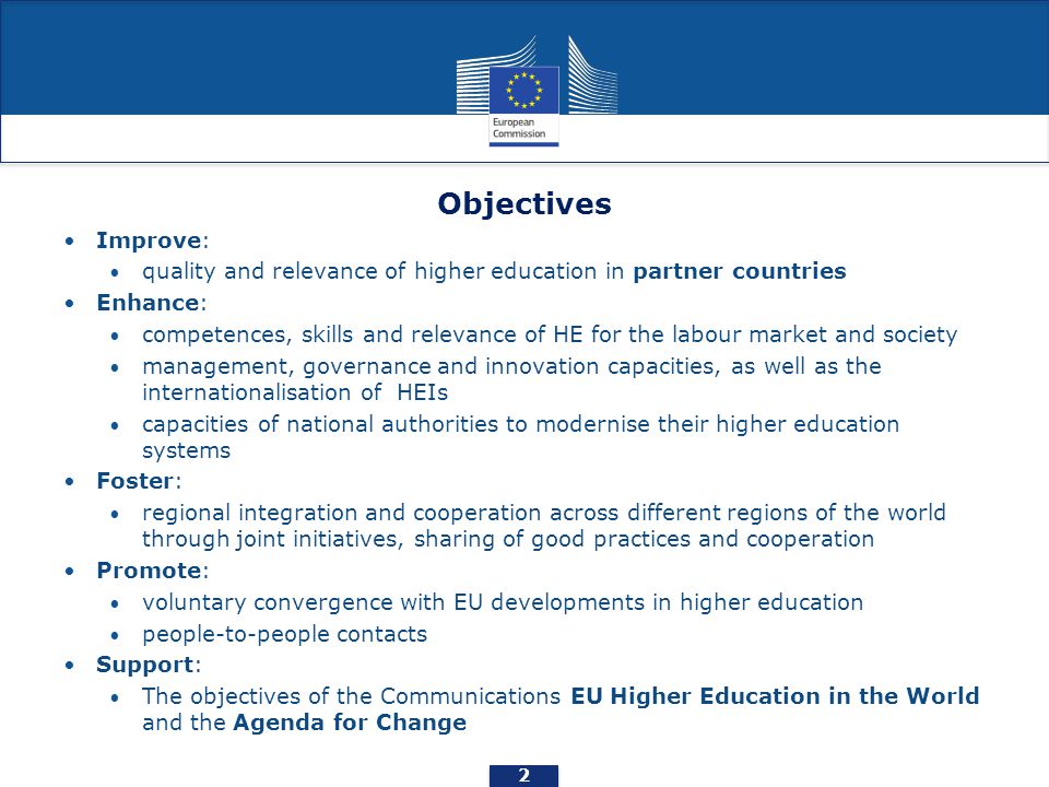Objectives Improve: quality and relevance of higher education in partner countries. Enhance: