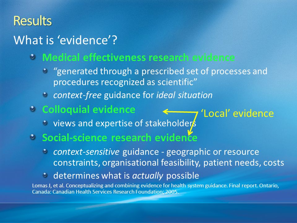 Results What is ‘evidence’ Medical effectiveness research evidence