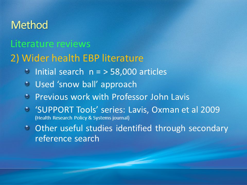 Method Literature reviews 2) Wider health EBP literature
