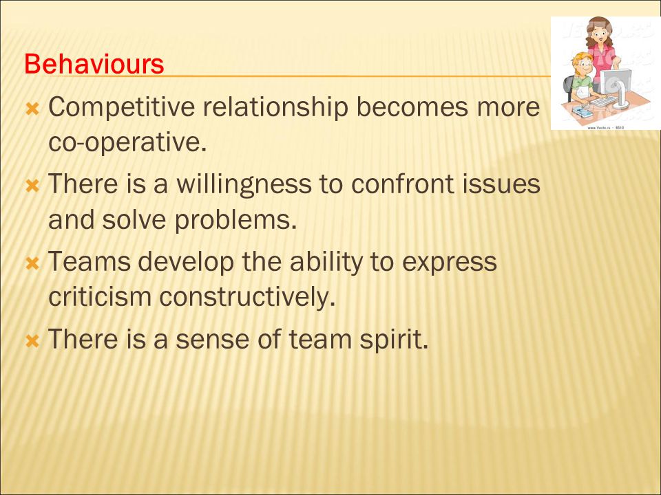 Behaviours Competitive relationship becomes more co-operative. There is a willingness to confront issues and solve problems.