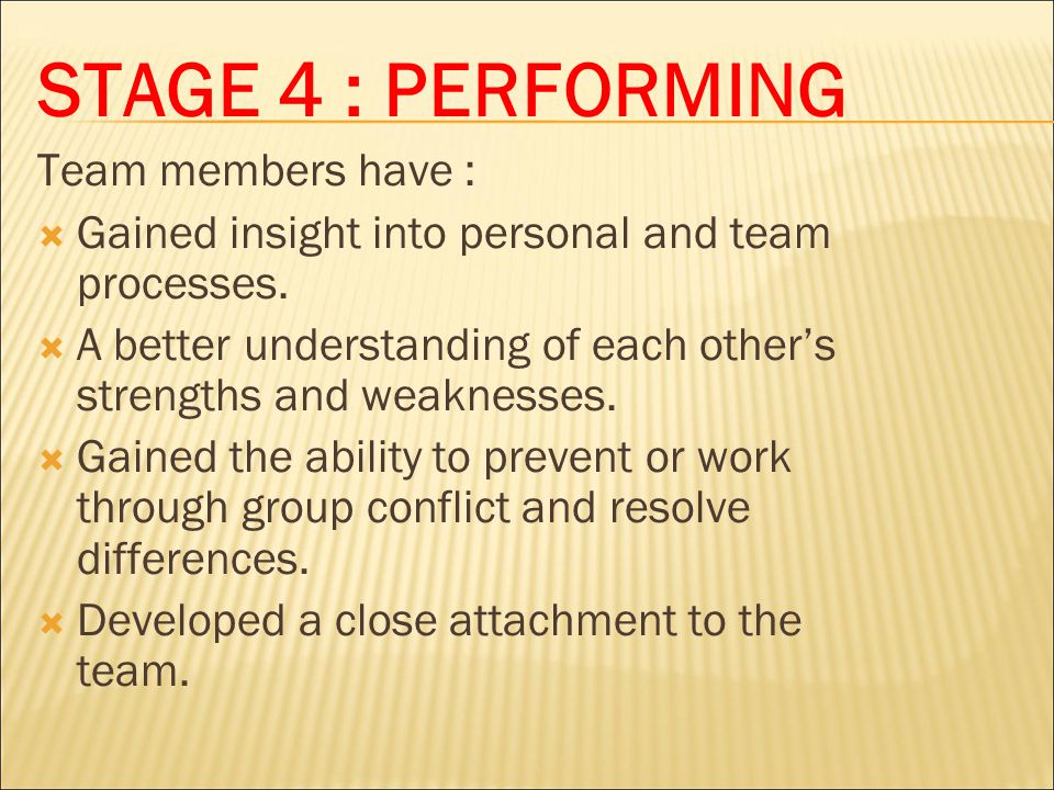 STAGE 4 : PERFORMING Team members have :