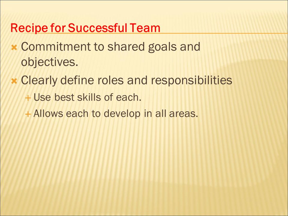 Recipe for Successful Team Commitment to shared goals and objectives.