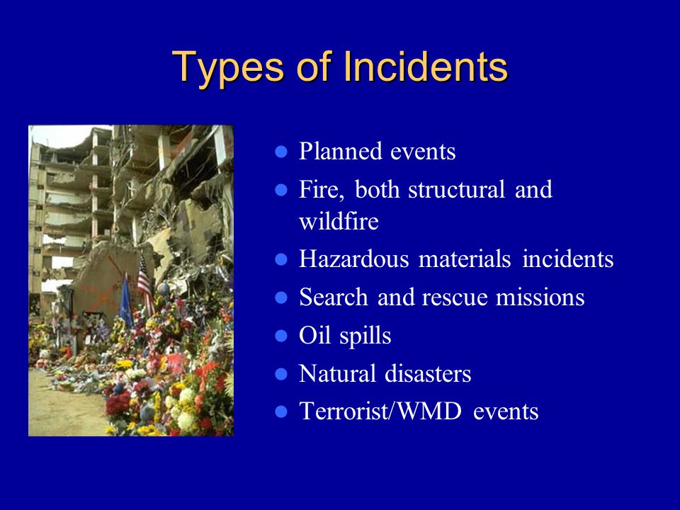 Types of Incidents Planned events Fire, both structural and wildfire