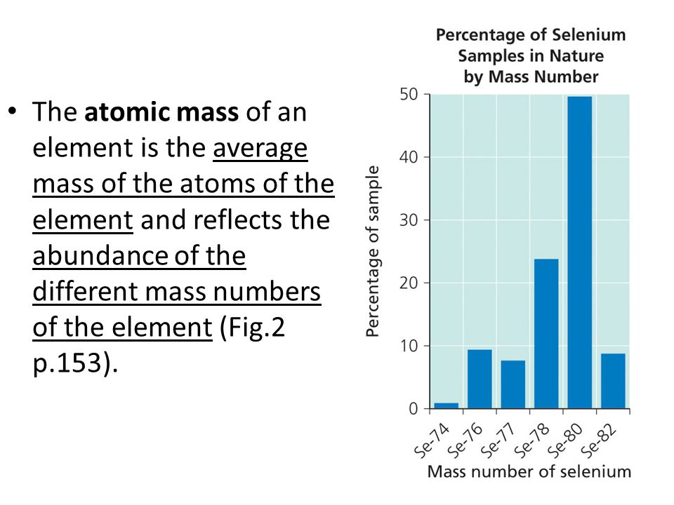 The atomic mass of an element is the average mass of the atoms of the element and reflects the abundance of the different mass numbers of the element (Fig.2 p.153).
