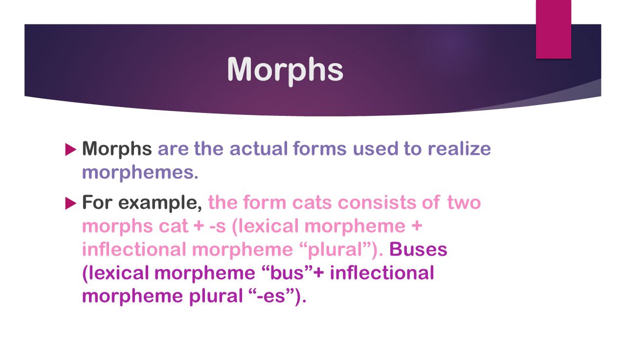 Morphs Morphs are the actual forms used to realize morphemes.