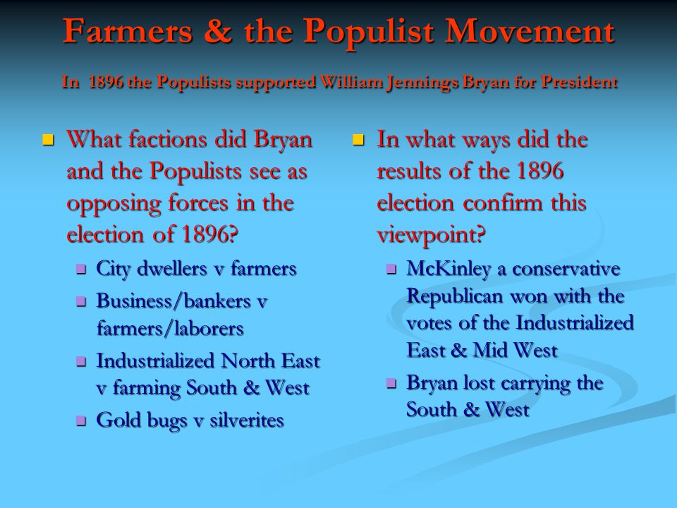 Farmers & the Populist Movement In 1896 the Populists supported William Jennings Bryan for President