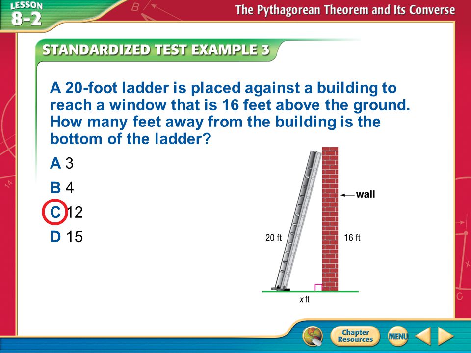 A 20-foot ladder is placed against a building to reach a window that is 16 feet above the ground. How many feet away from the building is the bottom of the ladder