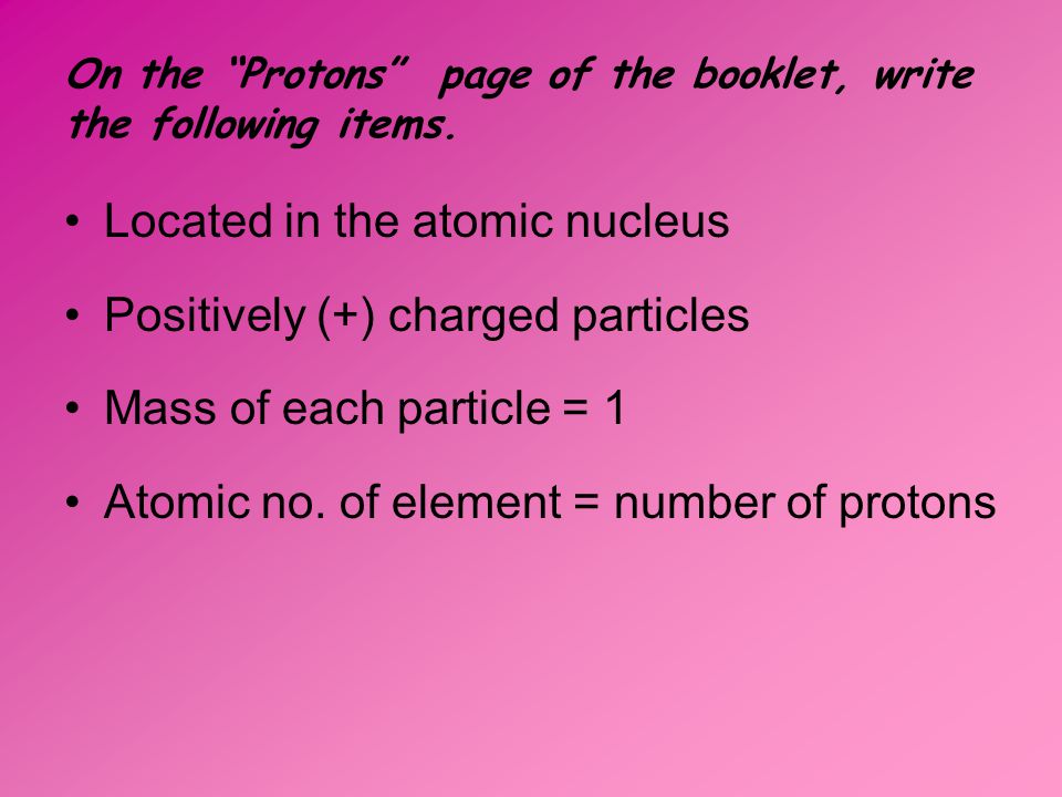 On the Protons page of the booklet, write the following items.