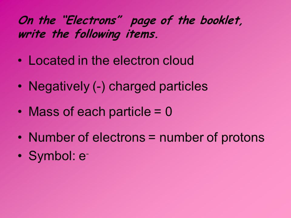 On the Electrons page of the booklet, write the following items.
