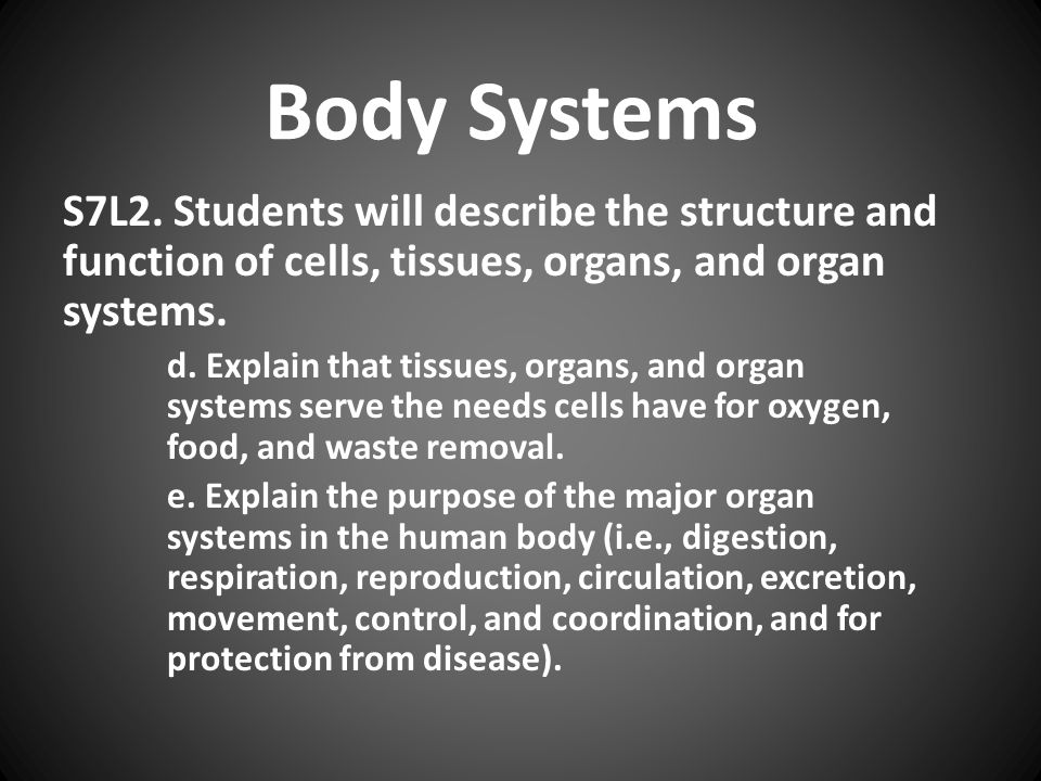 Body Systems S7L2. Students will describe the structure and function of cells, tissues, organs, and organ systems.