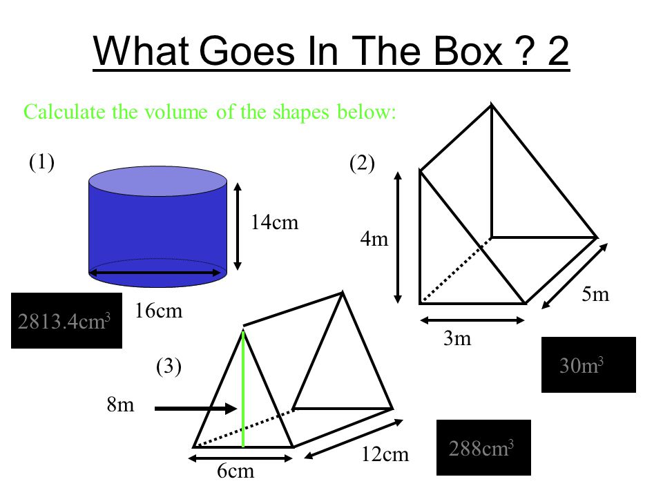 What Goes In The Box 2 Calculate the volume of the shapes below: (2)