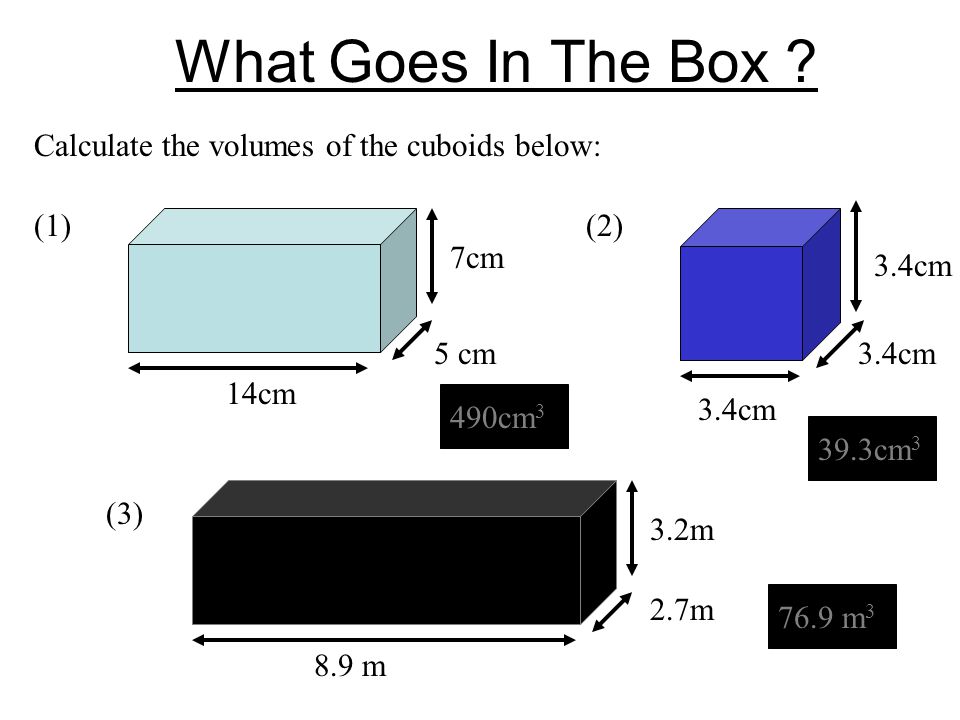 What Goes In The Box Calculate the volumes of the cuboids below: (1)