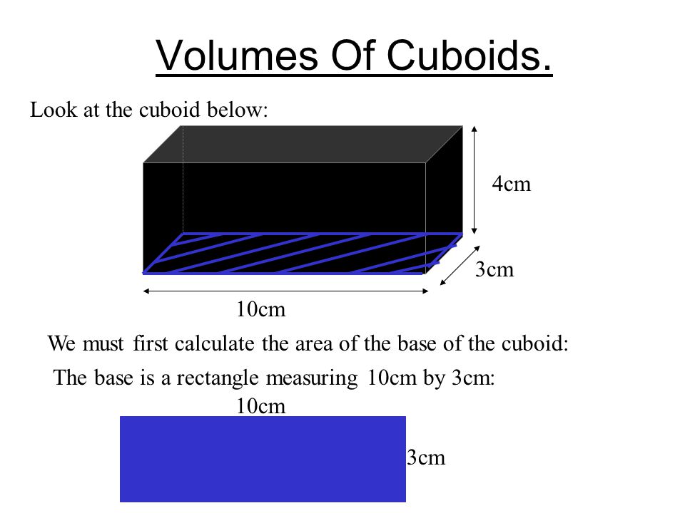 Volumes Of Cuboids. Look at the cuboid below: 4cm 3cm 10cm