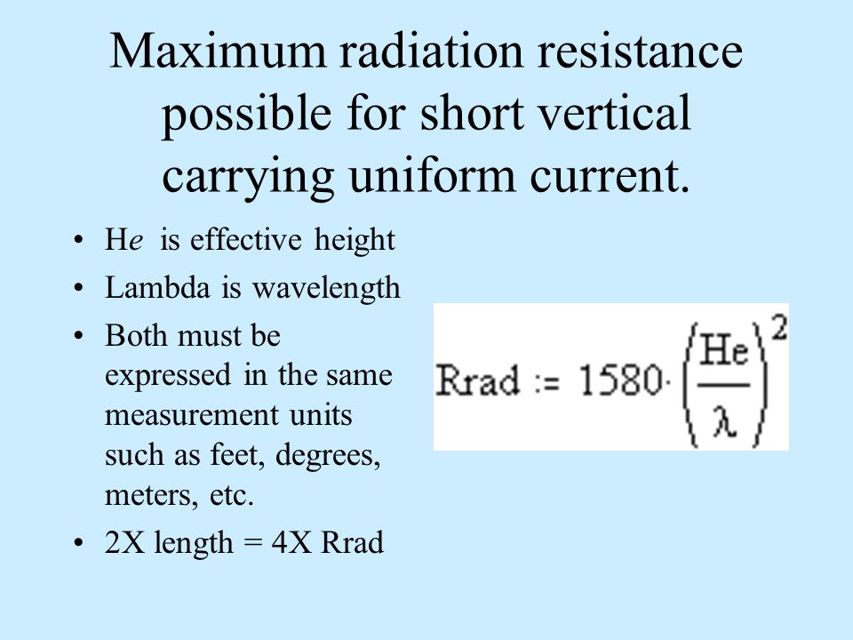 Maximum radiation resistance possible for short vertical carrying uniform current.
