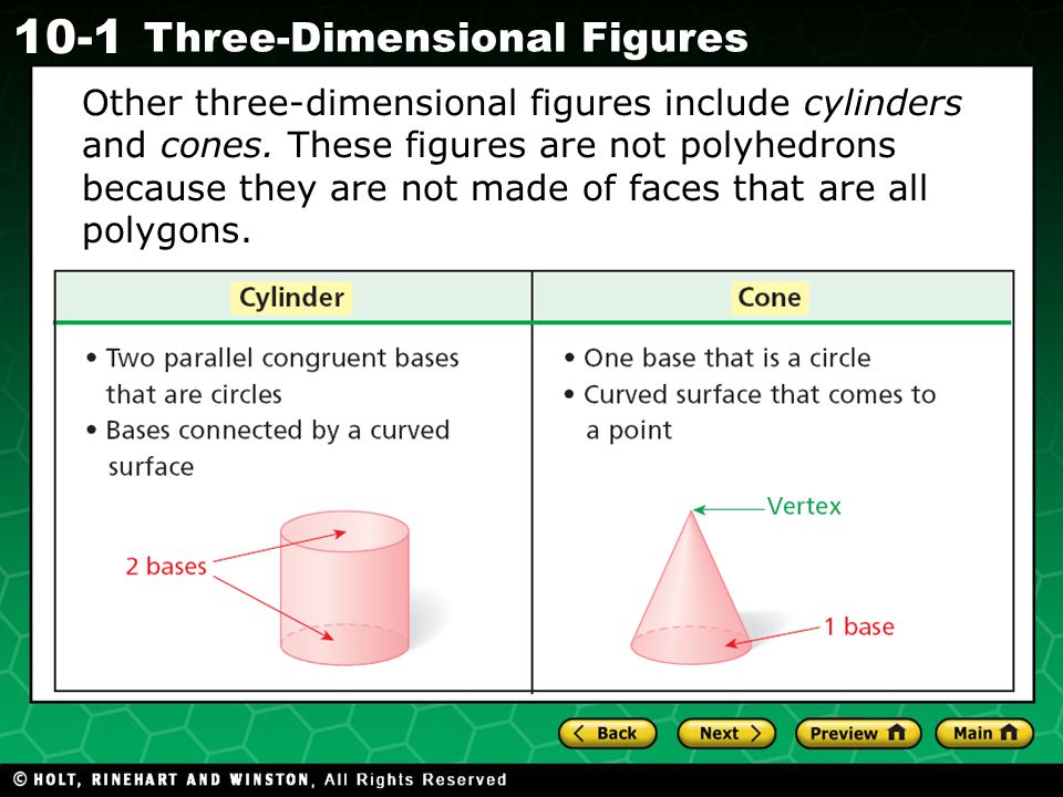 Other three-dimensional figures include cylinders and cones