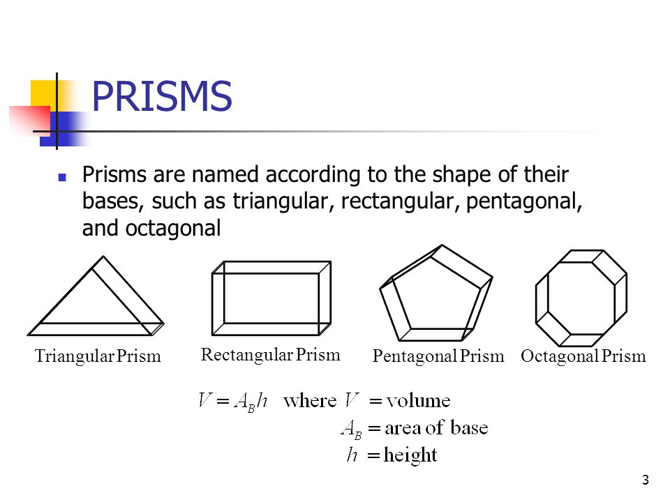 PRISMS Prisms are named according to the shape of their bases, such as triangular, rectangular, pentagonal, and octagonal.