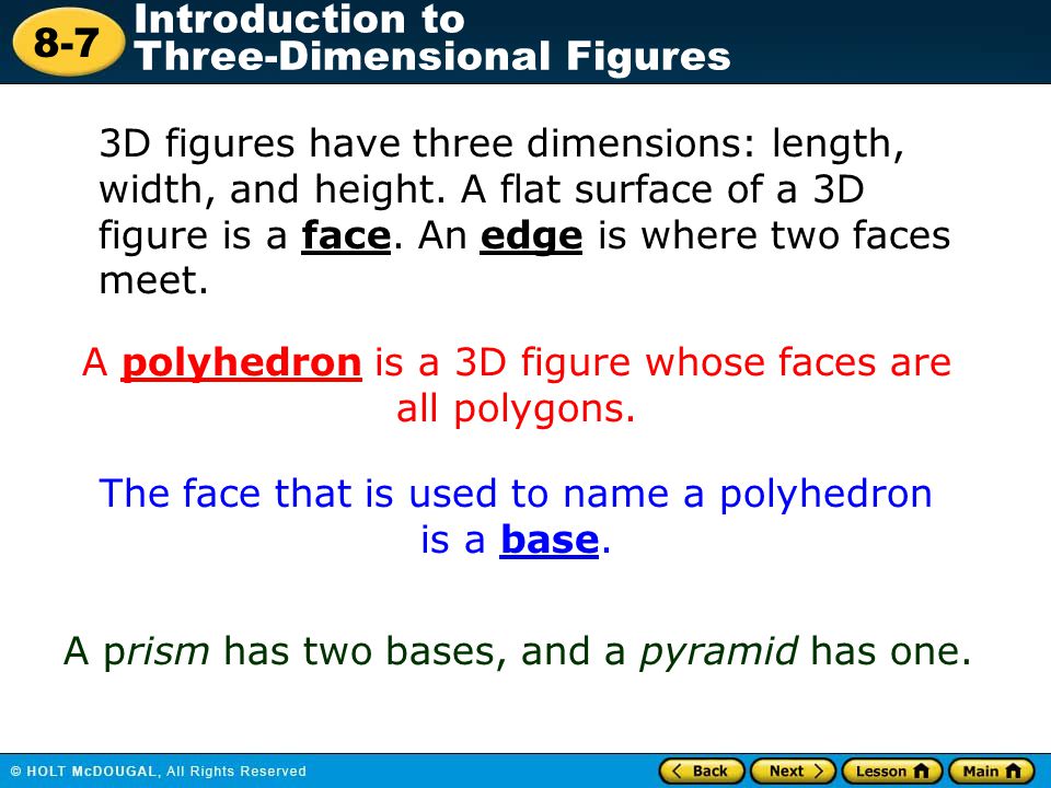 A polyhedron is a 3D figure whose faces are all polygons.
