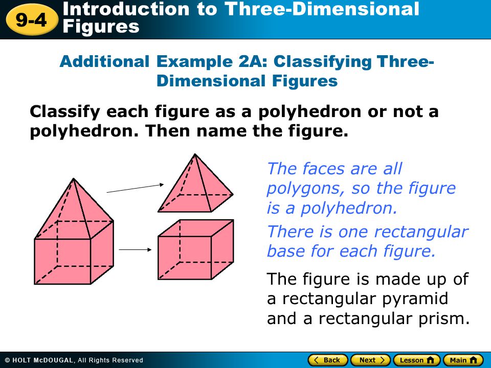 Additional Example 2A: Classifying Three- Dimensional Figures