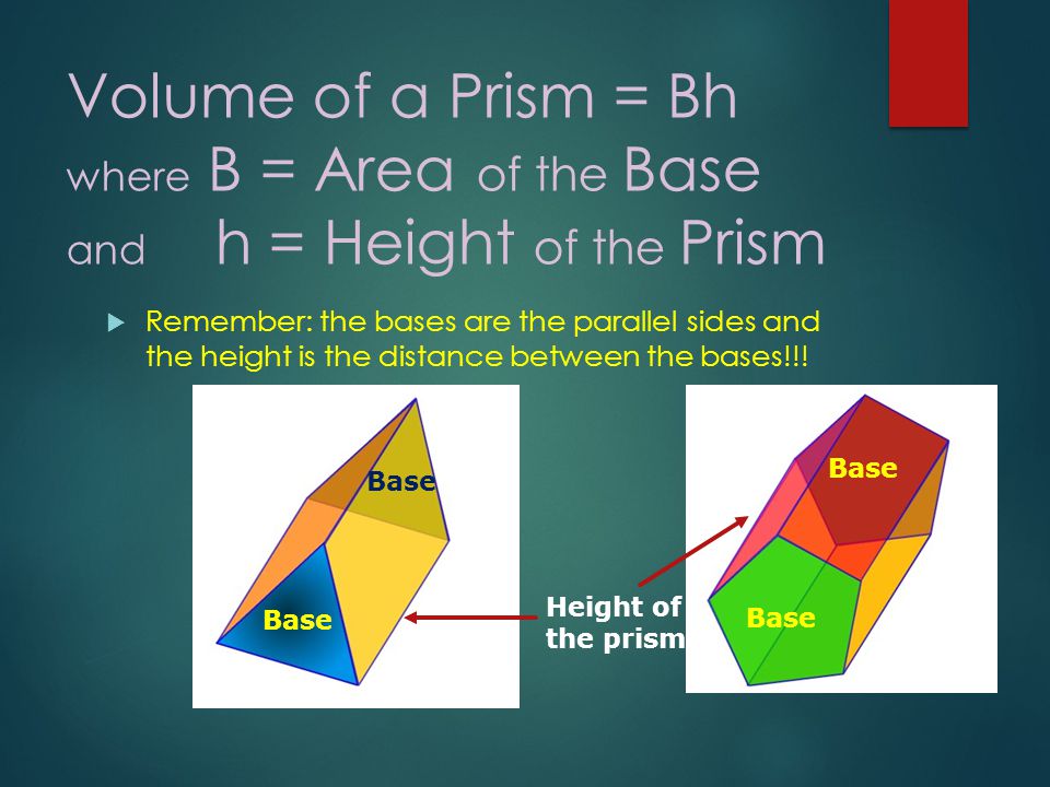 Volume of a Prism = Bh where B = Area of the Base and h = Height of the Prism