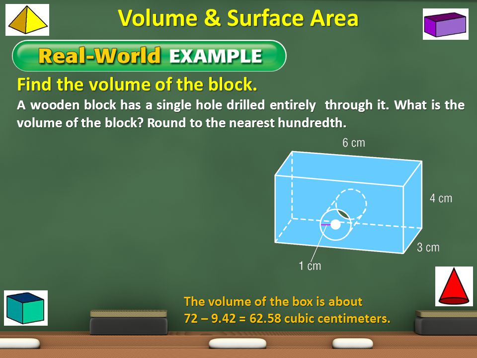 Volume & Surface Area Find the volume of the block.