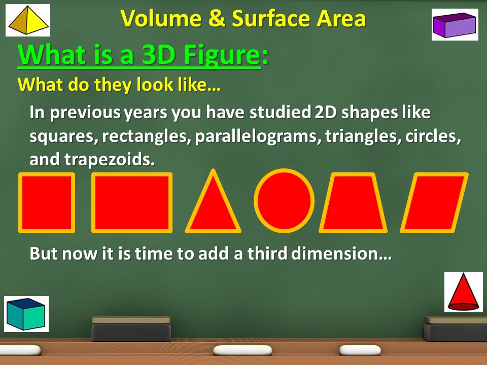 What is a 3D Figure: Volume & Surface Area What do they look like…
