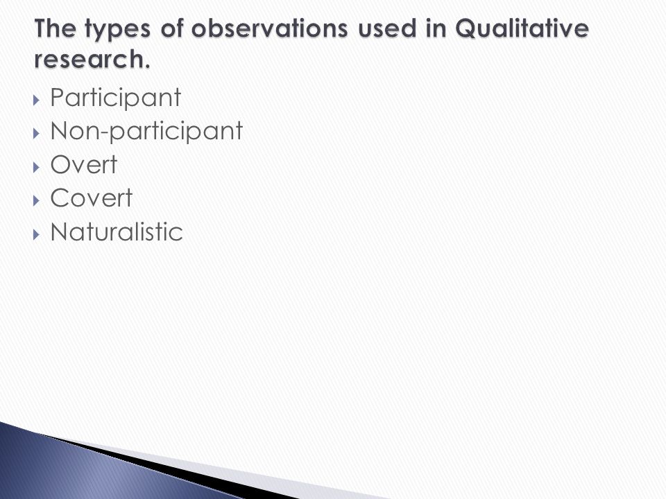 The types of observations used in Qualitative research.