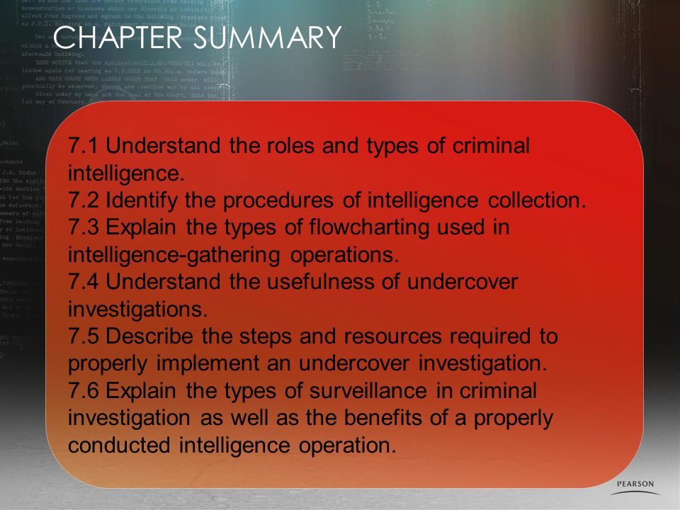 CHAPTER SUMMARY 7.1 Understand the roles and types of criminal intelligence. 7.2 Identify the procedures of intelligence collection.