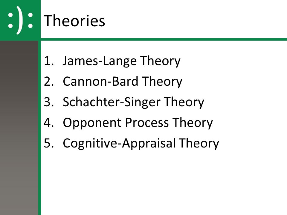 Theories James-Lange Theory Cannon-Bard Theory Schachter-Singer Theory