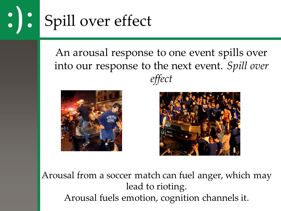 Spill over effect An arousal response to one event spills over into our response to the next event. Spill over effect.