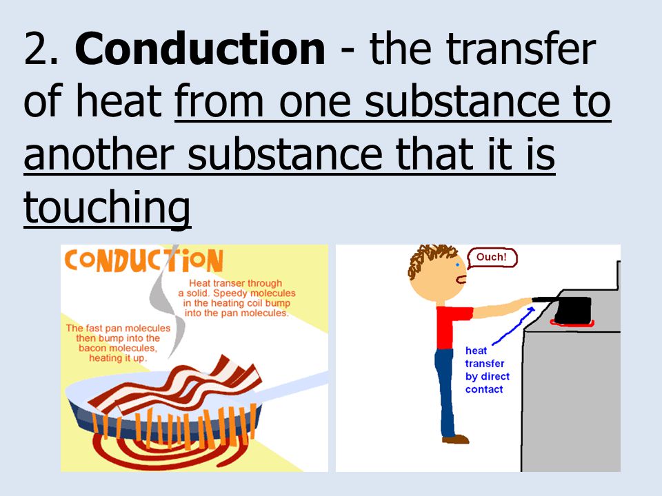 2. Conduction - the transfer of heat from one substance to another substance that it is touching
