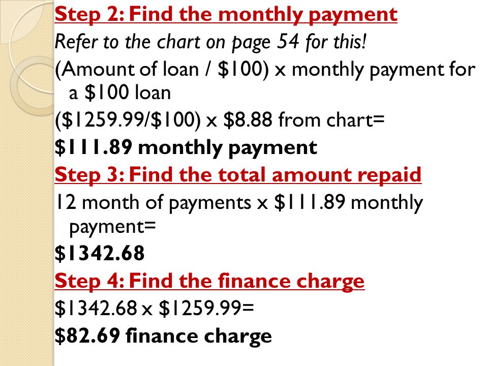 Step 2: Find the monthly payment Refer to the chart on page 54 for this.
