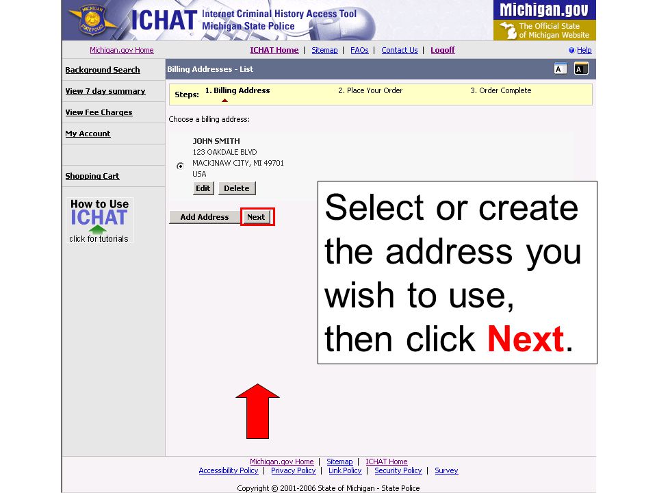 Select or create the address you wish to use, then click Next.