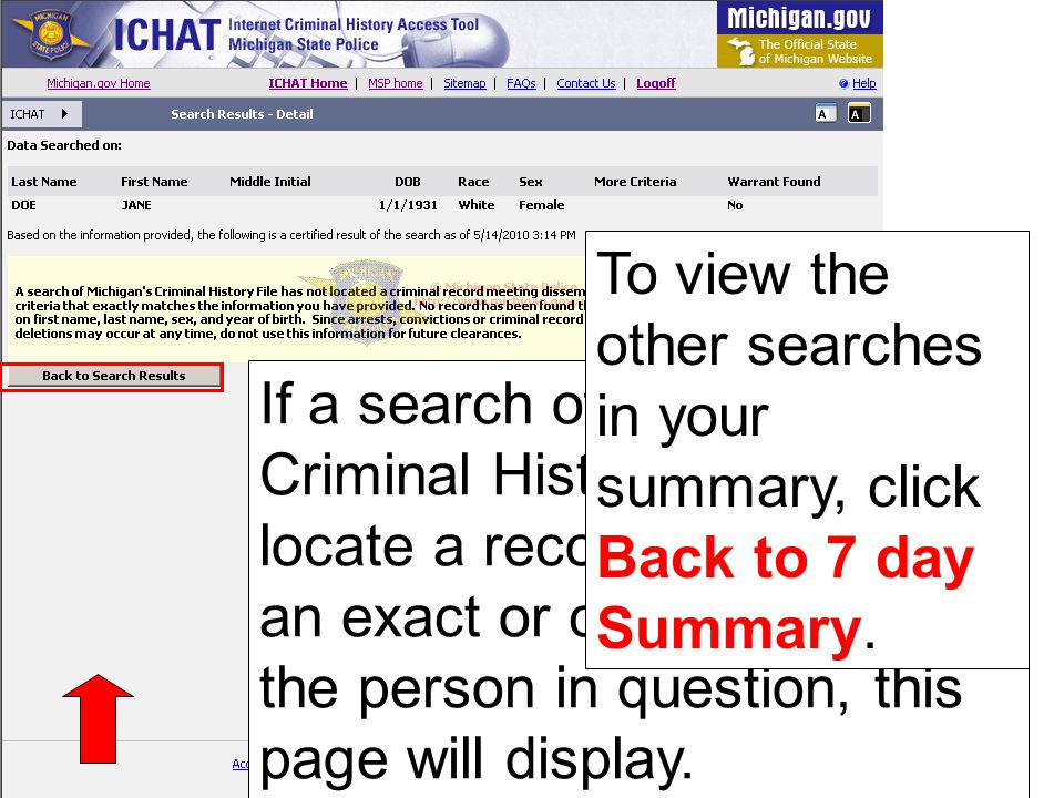 To view the other searches in your summary, click Back to 7 day Summary.