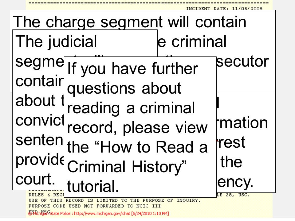 Criminal history information will be broken down into three segments: