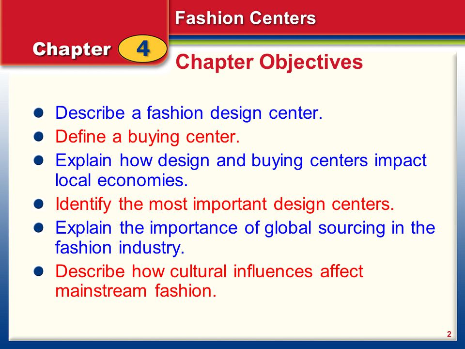 Chapter Objectives Describe a fashion design center.
