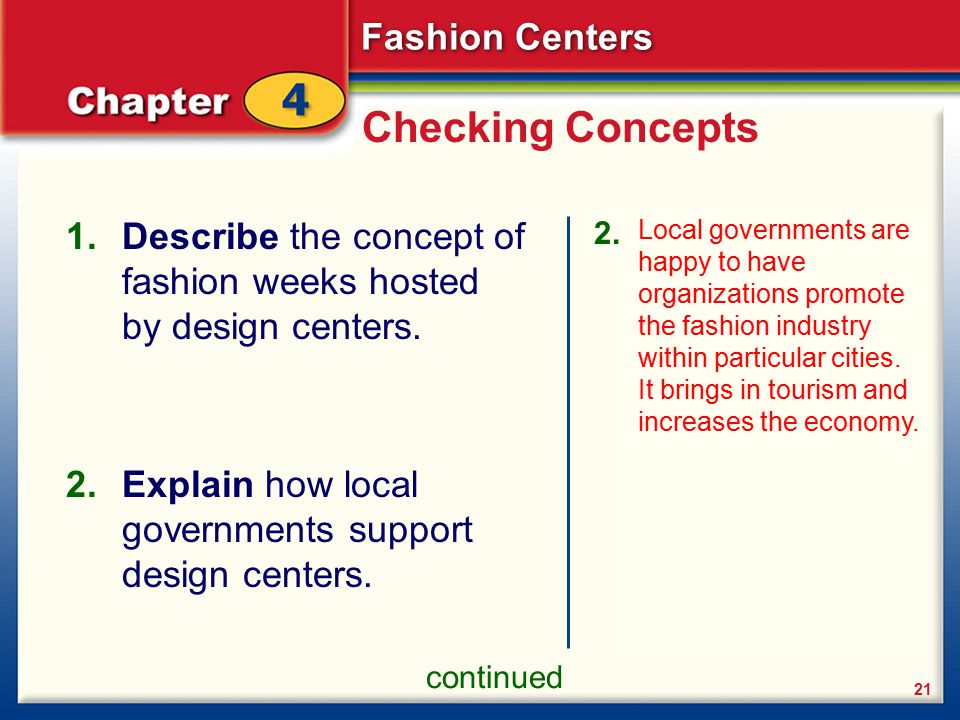 Checking Concepts Describe the concept of fashion weeks hosted by design centers.