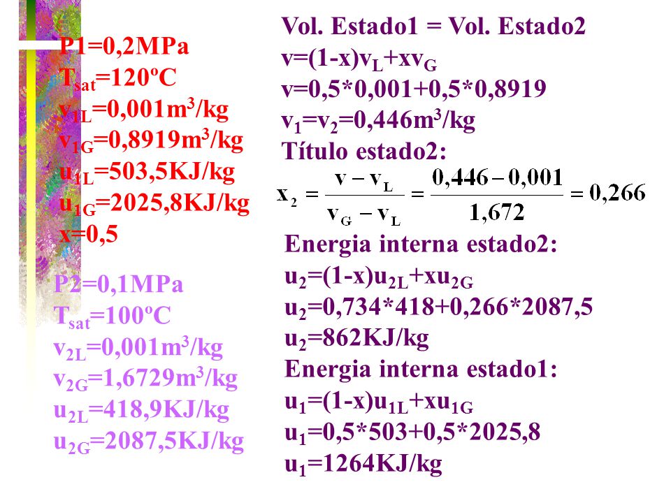 Vol. Estado1 = Vol. Estado2 v=(1-x)vL+xvG. v=0,5*0,001+0,5*0,8919. v1=v2=0,446m3/kg. Título estado2: