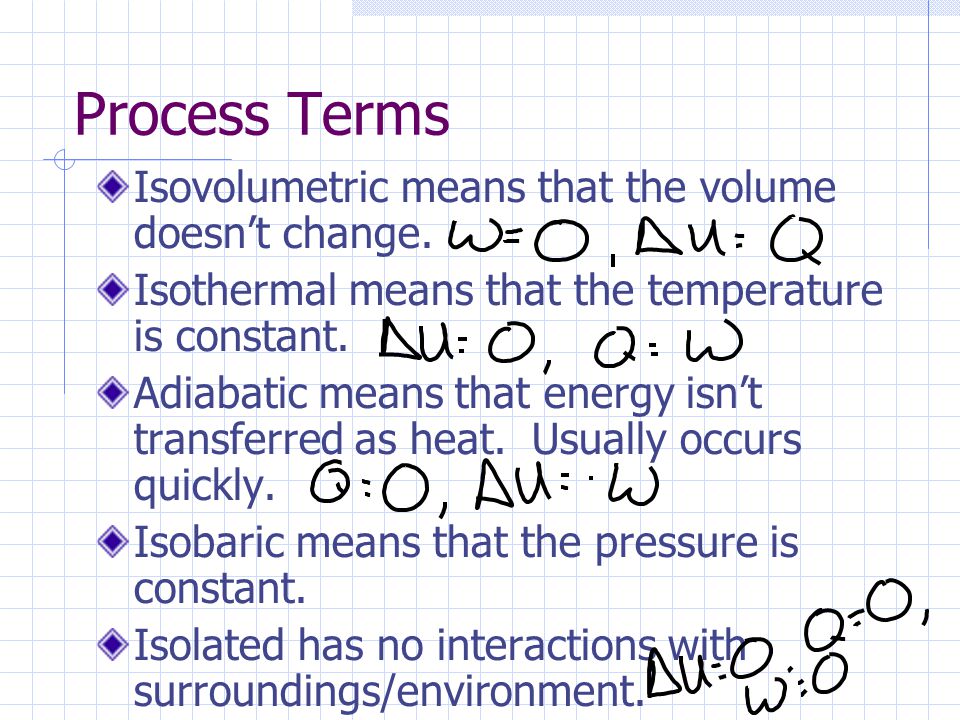 Process Terms Isovolumetric means that the volume doesn’t change.