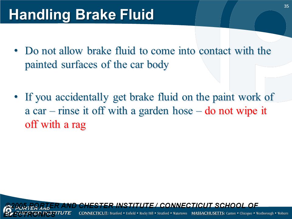 Handling Brake Fluid Do not allow brake fluid to come into contact with the painted surfaces of the car body.