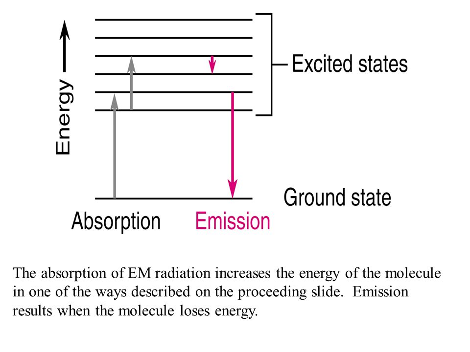 The absorption of EM radiation increases the energy of the molecule in one of the ways described on the proceeding slide.