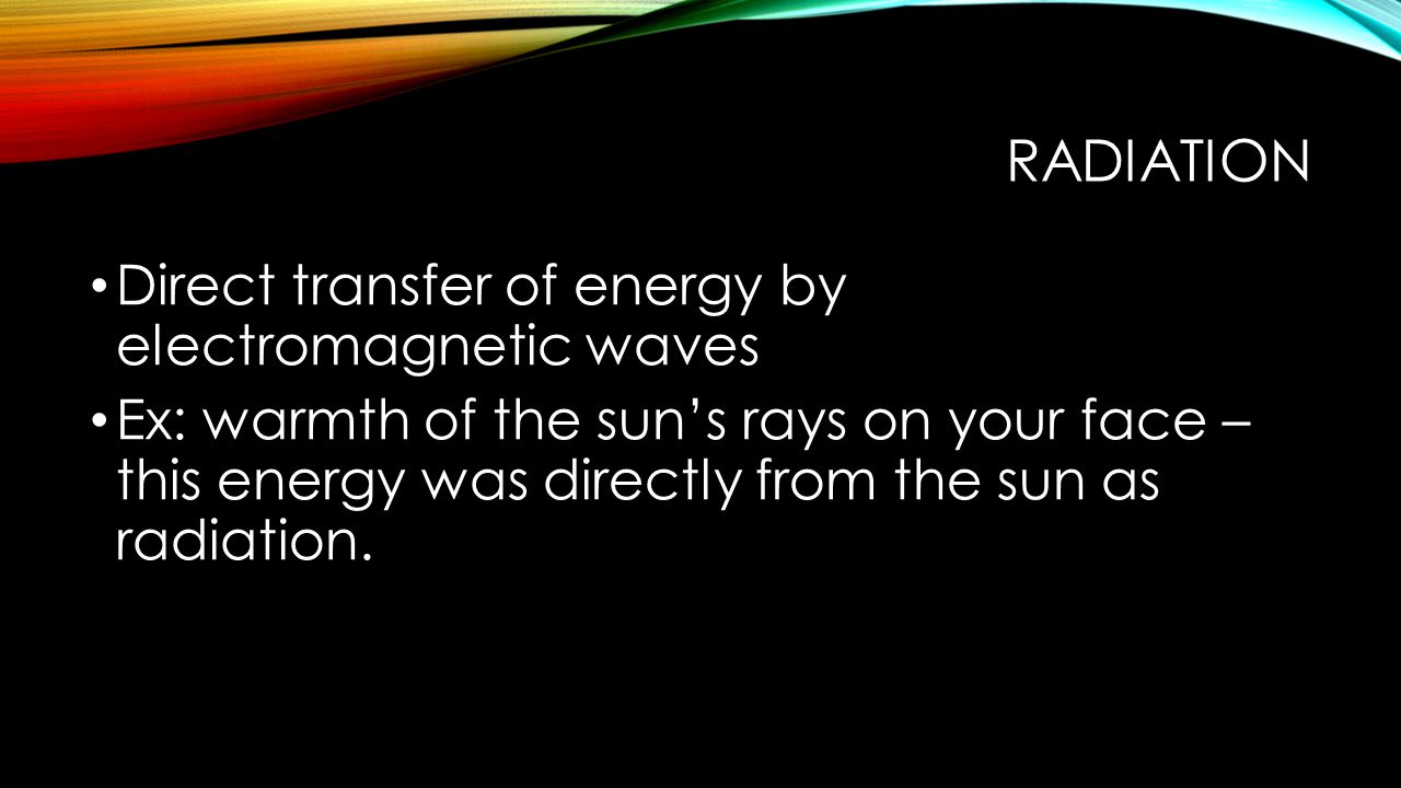 radiation Direct transfer of energy by electromagnetic waves
