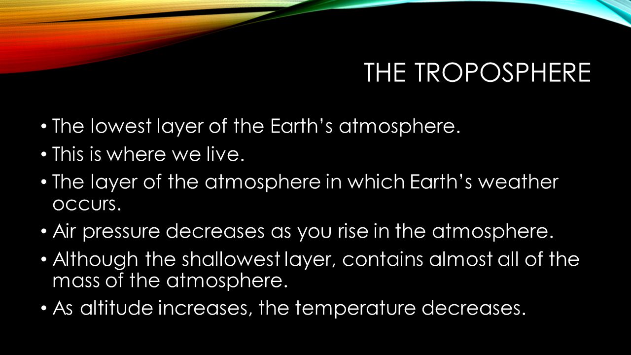 The troposphere The lowest layer of the Earth’s atmosphere.