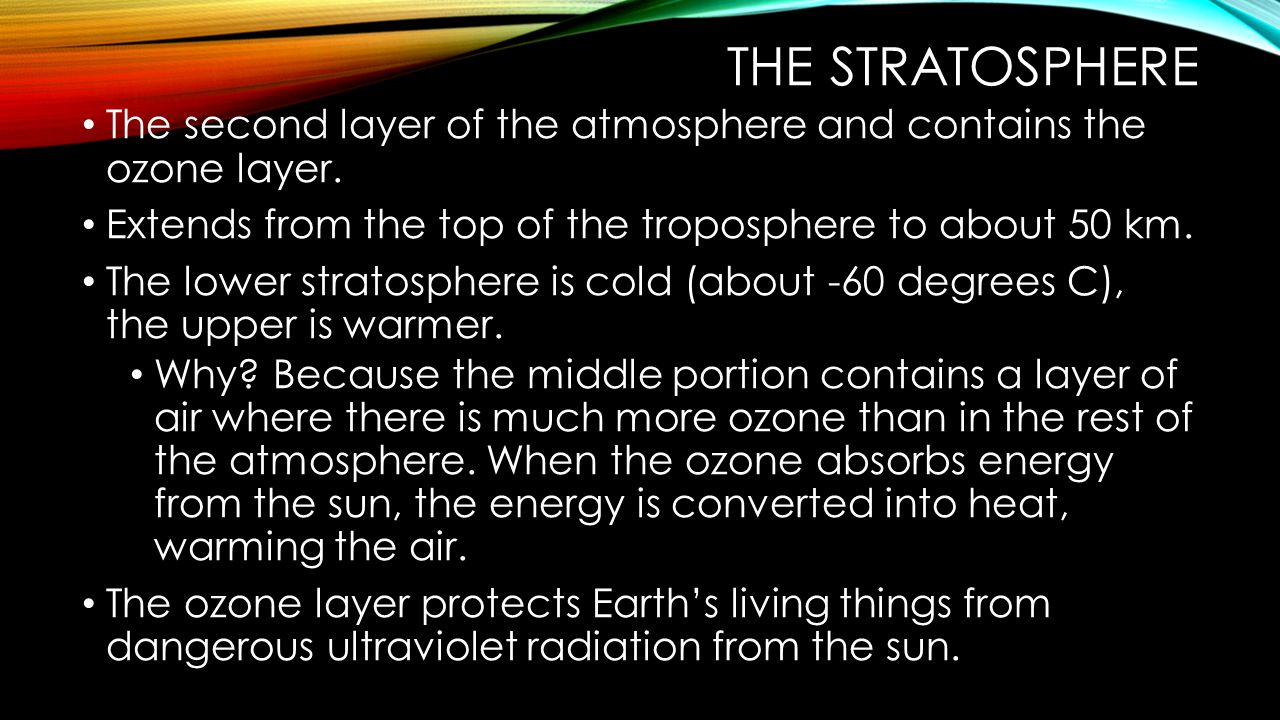 The stratosphere The second layer of the atmosphere and contains the ozone layer. Extends from the top of the troposphere to about 50 km.