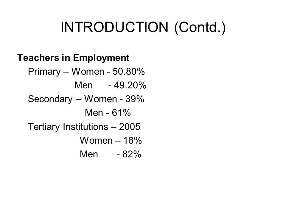 INTRODUCTION (Contd.) Teachers in Employment Primary – Women %